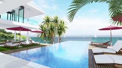 Holiday villa pool. Lounge chair on terrace near swimming pool. Top view of pool and lounge area. Tropical vacation concept. 