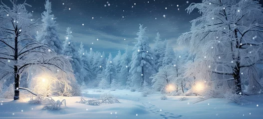 Foto op Aluminium Winter wonderland with twinkling lights, snow-covered trees. Scenic snowy landscape, merry and wintry. © Postproduction