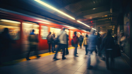 A bustling city subway station, blur of people getting on and off the train. Generative AI