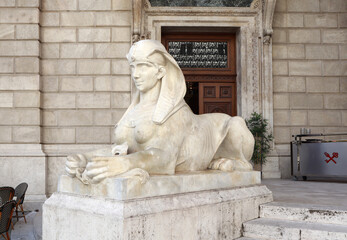 Sculpture of sphinx near Hungarian State Opera House in Budapest, Hungary