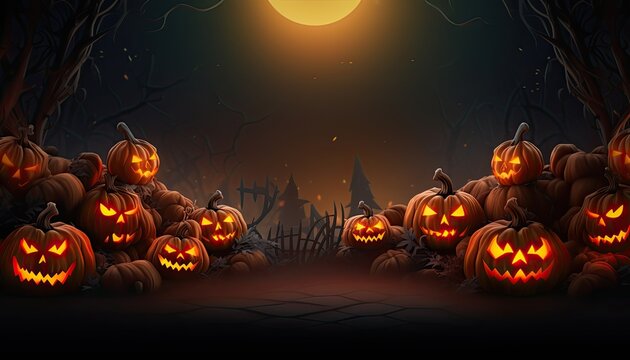 Halloween background illustration with creepy spooky pumpkin heads. Space to write messages