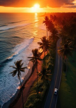 Aerial view on road with red car, with sunset, sea and palms. Summer travel concept. Wallpaper.