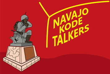design commemorates August 14 Navajo Code Talkers Day. Illustration of a war soldier sending a code with his radio