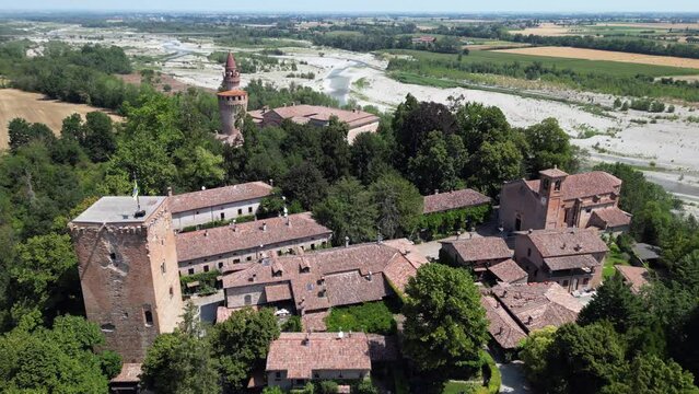 Europe, Italy , Rivergaro , Emilia Romagna - Drone aerial view of Rivalta Castle near Trebbia river 