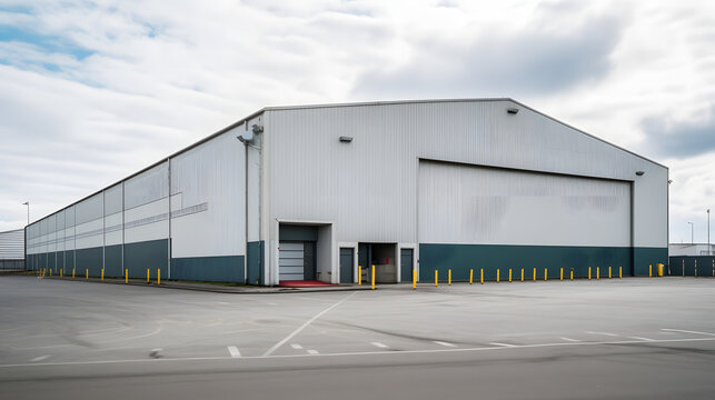 Logistics center, warehouse or large retail store under a blue sky. Generative AI