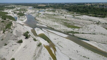 Europe, Italy , Emilia Romagna Val Trebbia - drone aerial view of river drought and aridity water...