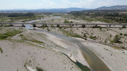 Europe, Italy , Emilia Romagna Val Trebbia - drone aerial view of river drought and aridity water...