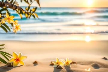 Fototapeta na wymiar Frangipani ,Plumeria flower on the floor with sunset background at the sea beach