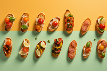 Restaurant toast bruschetta buffet canapes catering modern technology digital effect fantasy futurism generative ai yellow green background