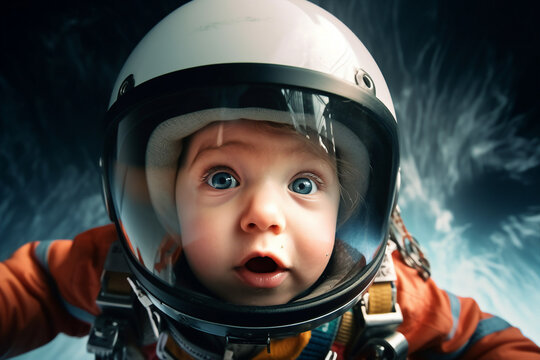 Generative Ai collage picture of astonished cute little boy wear spacesuit helmet flying galaxy isolated on space background