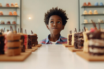 Generative ai collage template of cute little boy sweet tooth in cafeteria decide what dessert buy