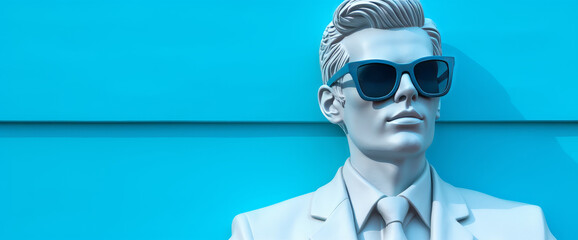 White stone man statue with blue sunglasses on a blue wall background, wide copy space