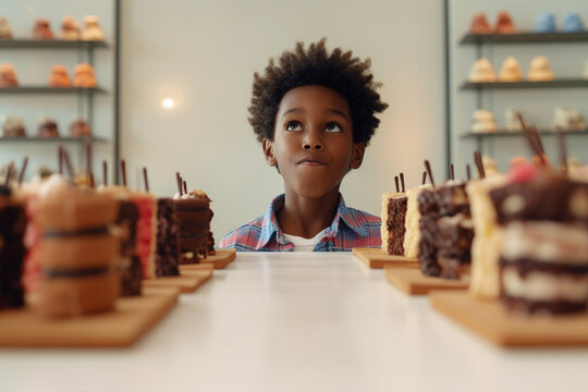 Generative ai collage template of cute little boy sweet tooth in cafeteria decide what dessert buy