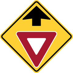 Vector graphic of a usa yield ahead highway sign. It consists of a black arrow above a red and white triangle within a black and yellow square tilted to 45 degrees