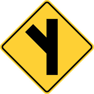 Vector graphic of a usa slanted side road junction highway sign. It consists of a black vertical line with a second black line set at an angle within a black and yellow square tilted to 45 degrees