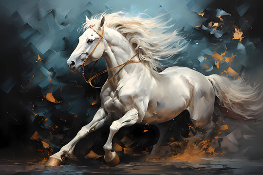 Abstract painting of a white wild horse running away, Generative AI