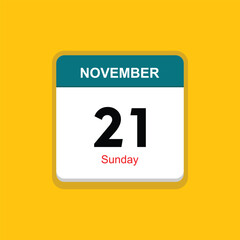 sunday 21 november icon with yellow background, calender icon