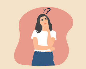 Beautiful young woman with long hair is contemplating her question or planning work, a good way to achieve a goal. Vector illustration.