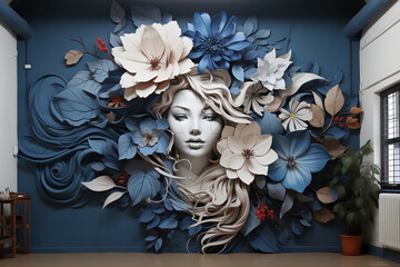 Wall art of a beauty surrounded by flowers, Generative AI