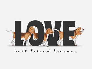 love slogan with beagle dogs walk on the street  ,vector illustration for t-shirt.