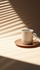 Tea cup on wooden tray in sunlight, Generative Ai