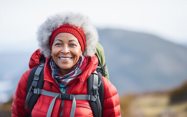 Fototapeta na wymiar Black african american dark-skinned happy senior woman hiking outdoors. Fitness walking and forest travel journey. Active senior person concept