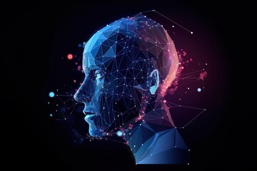 human face structure with blue and purple particles