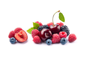 Berries on white backgrounds. Raspberry,blueberries,blackberries, cherry on white backgrounds.