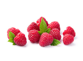 Sweet raspberry with leaves on white backgrounds. Healthy food .