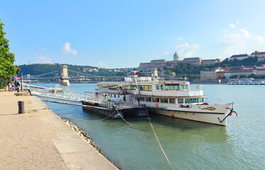 Panorama city with touristic ship in sunny day in Budapest, Hungary