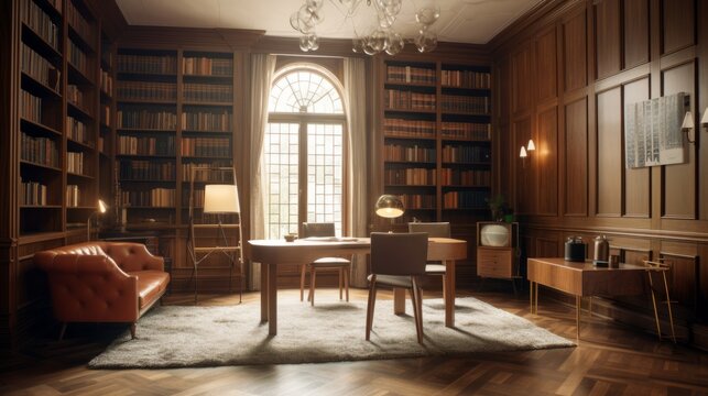 Stylish British Interior Design Interior Room. Background. Library. AI Generative