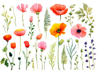 watercolor clipart flowers poppies on a white background, separated