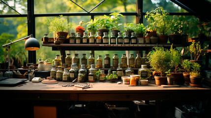 Garden Potting Area with Shelves and Assorted Plant Containers. Generative AI.