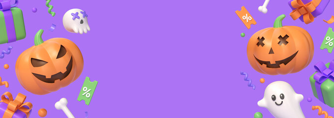 horizontal banner with copy space.gift boxes.3d cartoon style. Festive themed hat for website. Creative Halloween background design. Festive poster on an orange background. 3d rendering