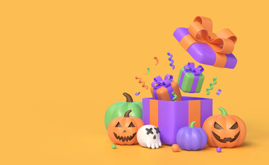3d pumpkin and gift box in cartoon style. illustration for banner or poster design for halloween holiday. 3d rendering