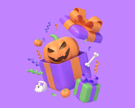 3d pumpkin and gift box in cartoon style. illustration for banner or poster design for halloween holiday. 3d rendering