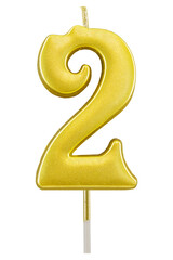Cutout of an isolated number two golden cake candle with the transparent png