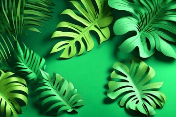 3d render, paper tropical leaves, jungle decor, monstera palm, green background, blank space for text, banner template, digital illustration