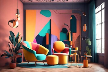 Interior concept of memphis design colorful, Armchair with console and prop. 3d render