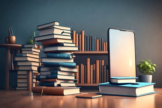 Online education, E-learning concept. stack of books, bookshelf. 3d render illustration   