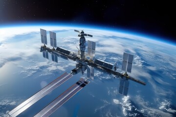 Space station above planet earth, future technology sci-fi concept generative ai - obrazy, fototapety, plakaty