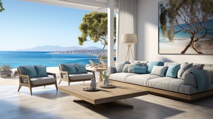 Fototapeta na wymiar Minimalist greek resort by the sea. Indoor outdoor space with lounging furniture, with cushions and throw. Generative AI