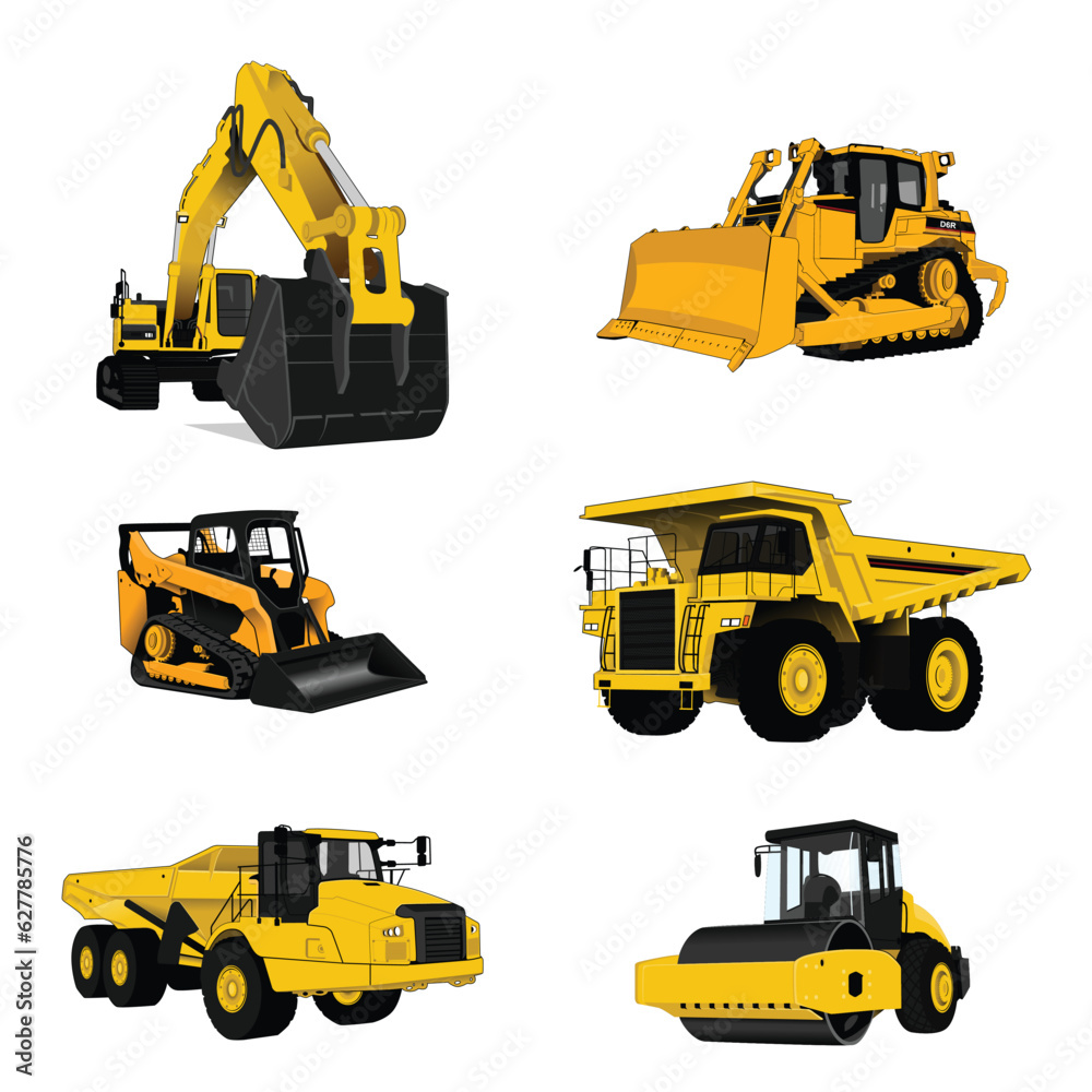 Wall mural a large set of construction equipment in yellow. special machines for the building work. compactor, 