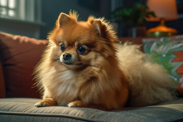 Pomeranian dog lying on couch looking away