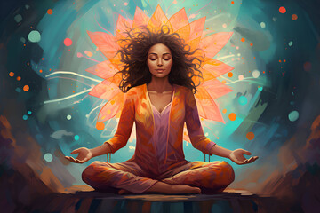 colorful illustration of a woman in a yoga pose, meditating with a smile on her face - obrazy, fototapety, plakaty