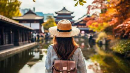 Back view of woman tourist with hat and backpack on vacation in Japan. Wanderlust and travel concept. Digital illustration generative AI. - obrazy, fototapety, plakaty