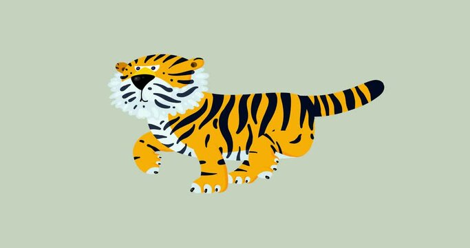 Tiger cartoon character one walking isolated. Nice animal from Asia. Good for any movie, presentation, etc... Cute animal animation. Seamless loop