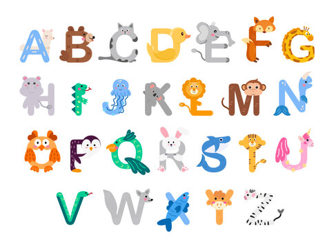 Zoo alphabet. Animal alphabet. Letters from A to Z. Cartoon cute animals isolated on white background. Different animals. Learn letters with funny animals, zoo ABC and English alphabet for kids. Vecto