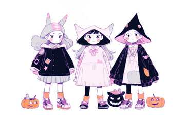 Cute little witch girls in halloween costume