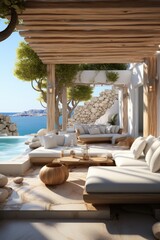 Fototapeta premium Minimalist greek resort by the sea. Indoor outdoor space with lounging furniture, with cushions and throw. Generative AI